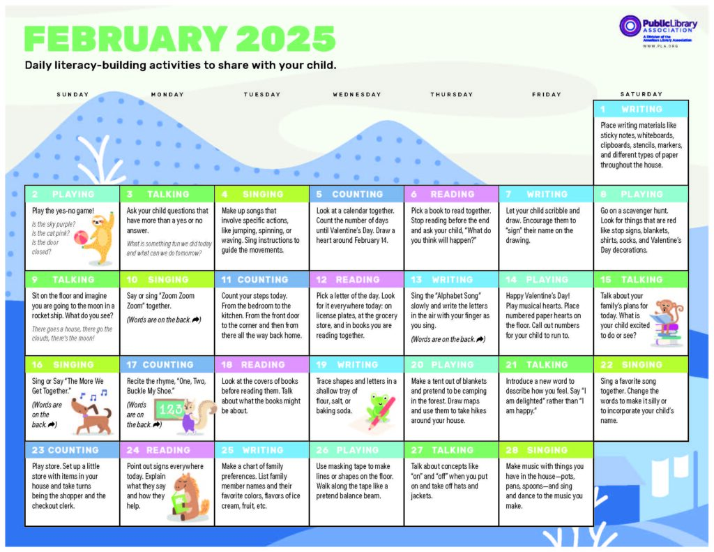 Calendar page for early literacy activities