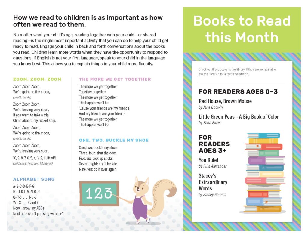 Page with songs and book recommendations for early literacy activities