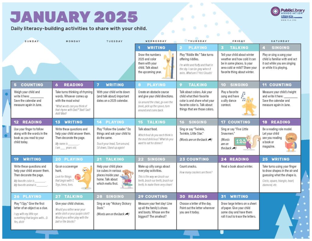 Calendar page for early literacy activities