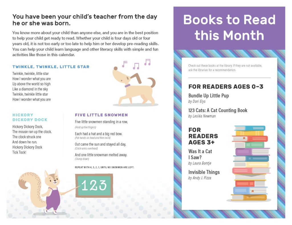 Page with songs and book recommendations for early literacy activities