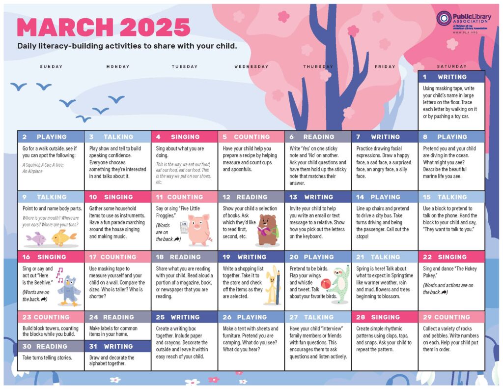 March 2025 calendar page for early literacy activities